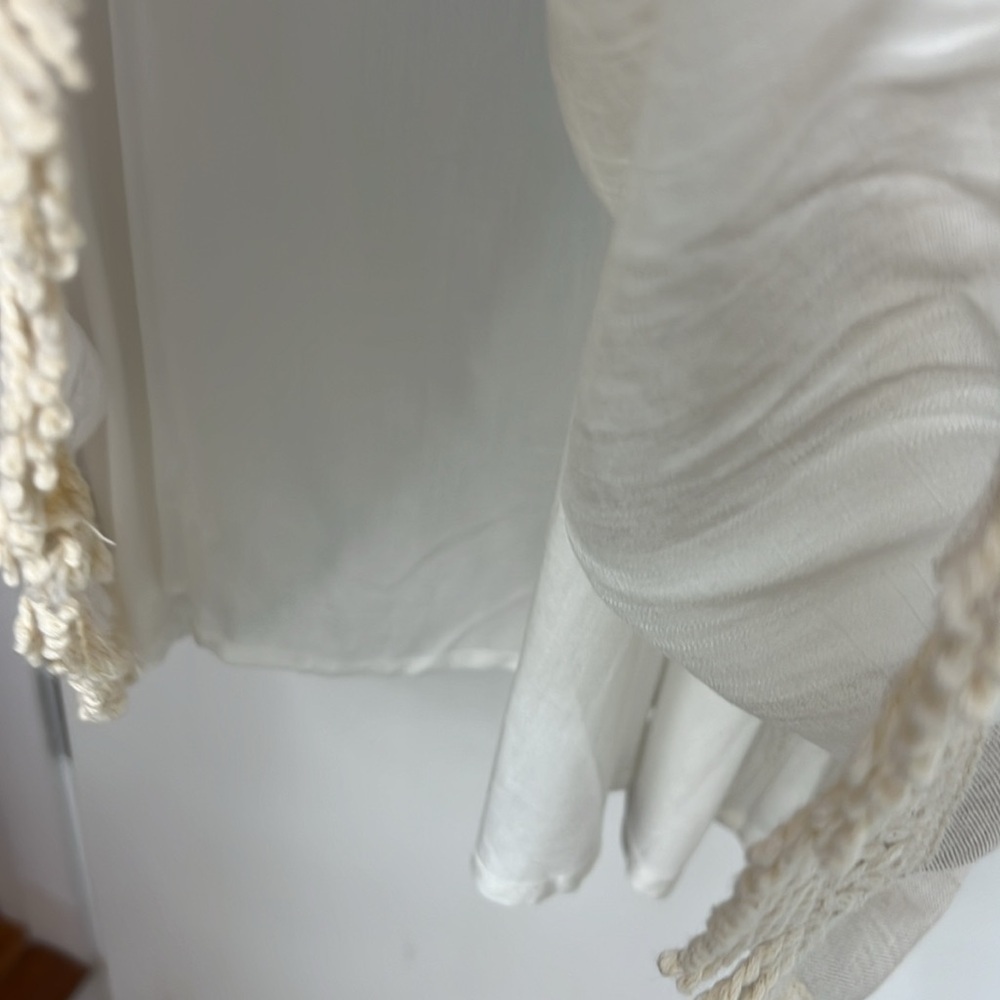 10. Olive Scent  White & khaki linen Dress Spaghetti straps, Fringe, Medium NWT - Picture 4 of 12
